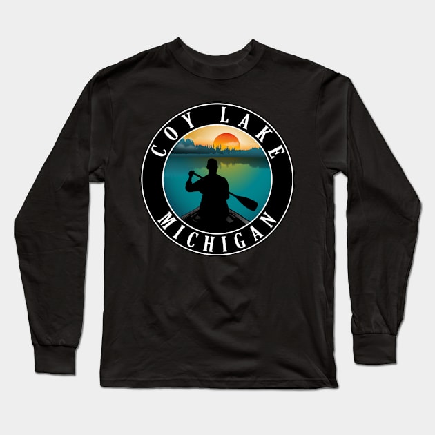 Coy Lake Canoeing Michigan Sunset Long Sleeve T-Shirt by BirdsEyeWorks